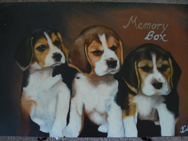 Beagles for Henriette, oils on wooden box by Joseph Colella, circa late 1990s