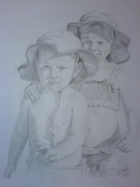 Brother and sister at the beach, pencil on paper by Joseph Colella, 2007