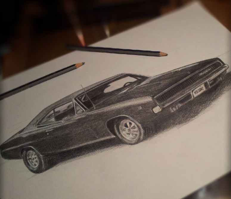 Dodge Charger, pencil on paper by Joseph Colella, circa 2008